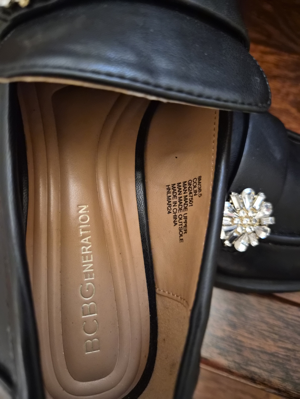 BCBGeneration Black Leather Loafer with Gold Crystal Brooch - Picture 5 of 9
